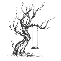 Verzweigter, alter Baum mit einer Holzschaukel, die an einem starken Ast hängt. Gras umgibt den Baumstamm.