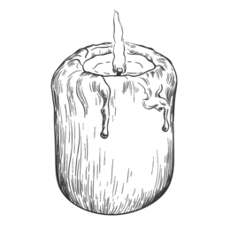 Gezeichnete Kerze mit geschmolzenem Wachs und einer kleinen Flamme oben.