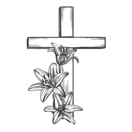 Holzkreuz mit Lilienblüten, die an der linken Seite des Kreuzes angeordnet sind. Zeichnung in schwarz-weiß.