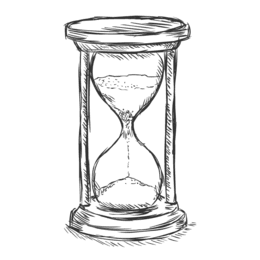 Skizze einer Sanduhr mit zwei Kammern und einer obersten Platte auf einem runden Sockel.